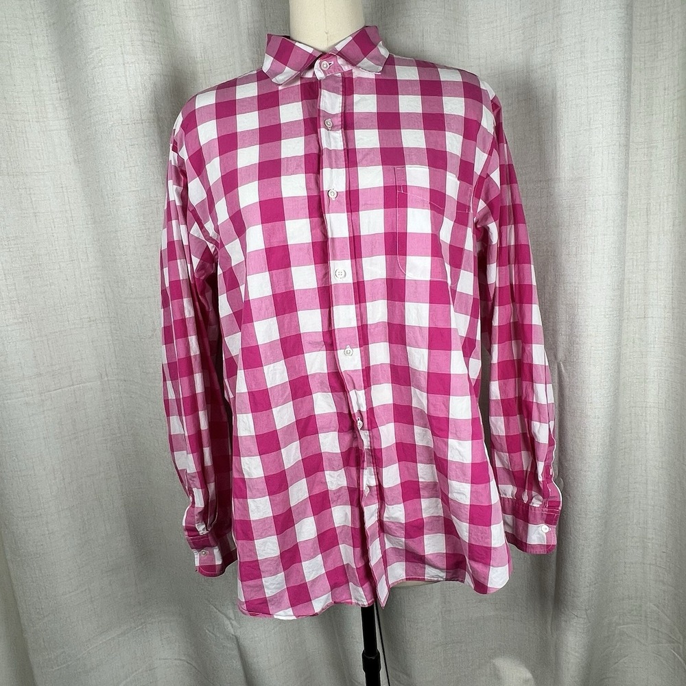 J McLaughlin Pink White Gingham Plaid Button Down Shirt Men's XL Pocket Preppy